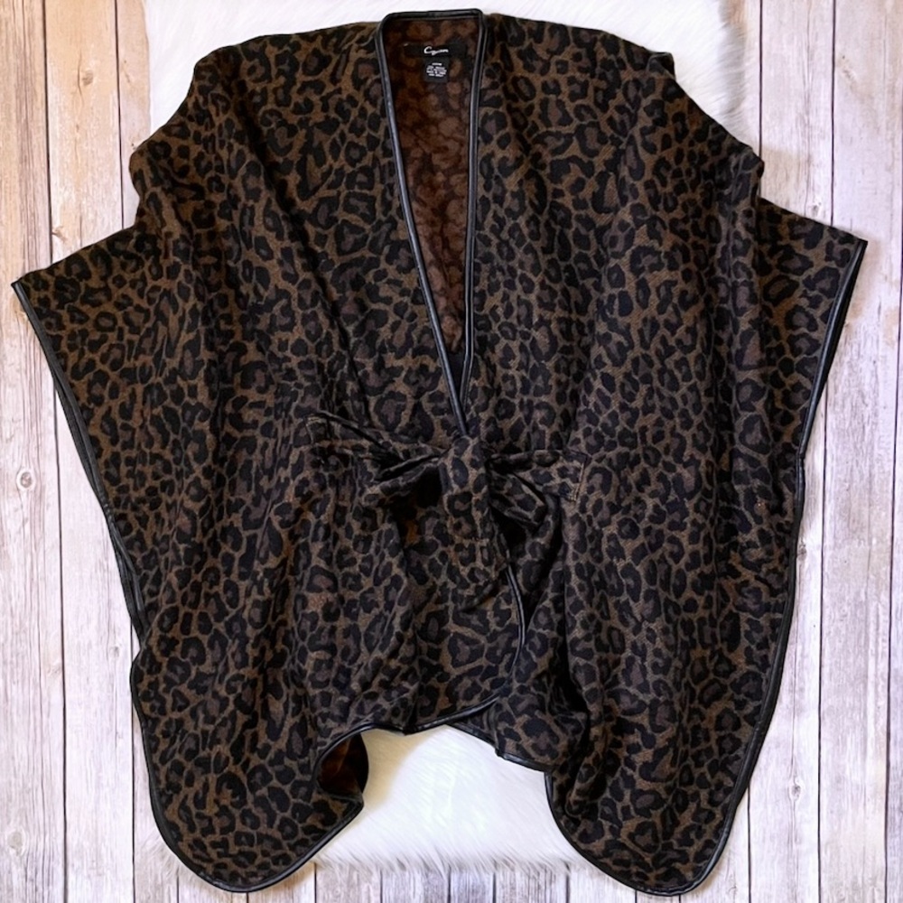 Cejon Women’s Leopard Print Tie Front Poncho With Faux-Leather Trim - Picture 3 of 9